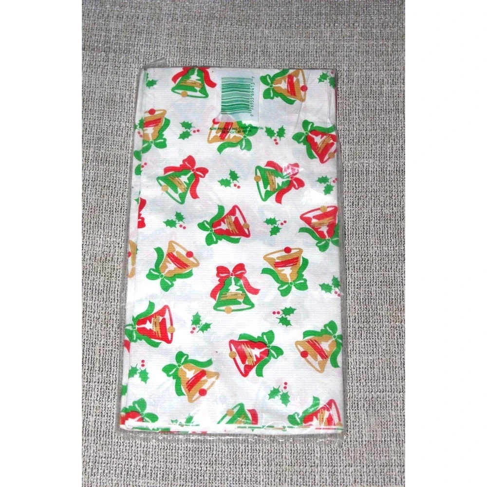 Vtg NOS Heavy Paper Christmas Tablecloth Bells AOP 54x96 Holly Green Gold Red